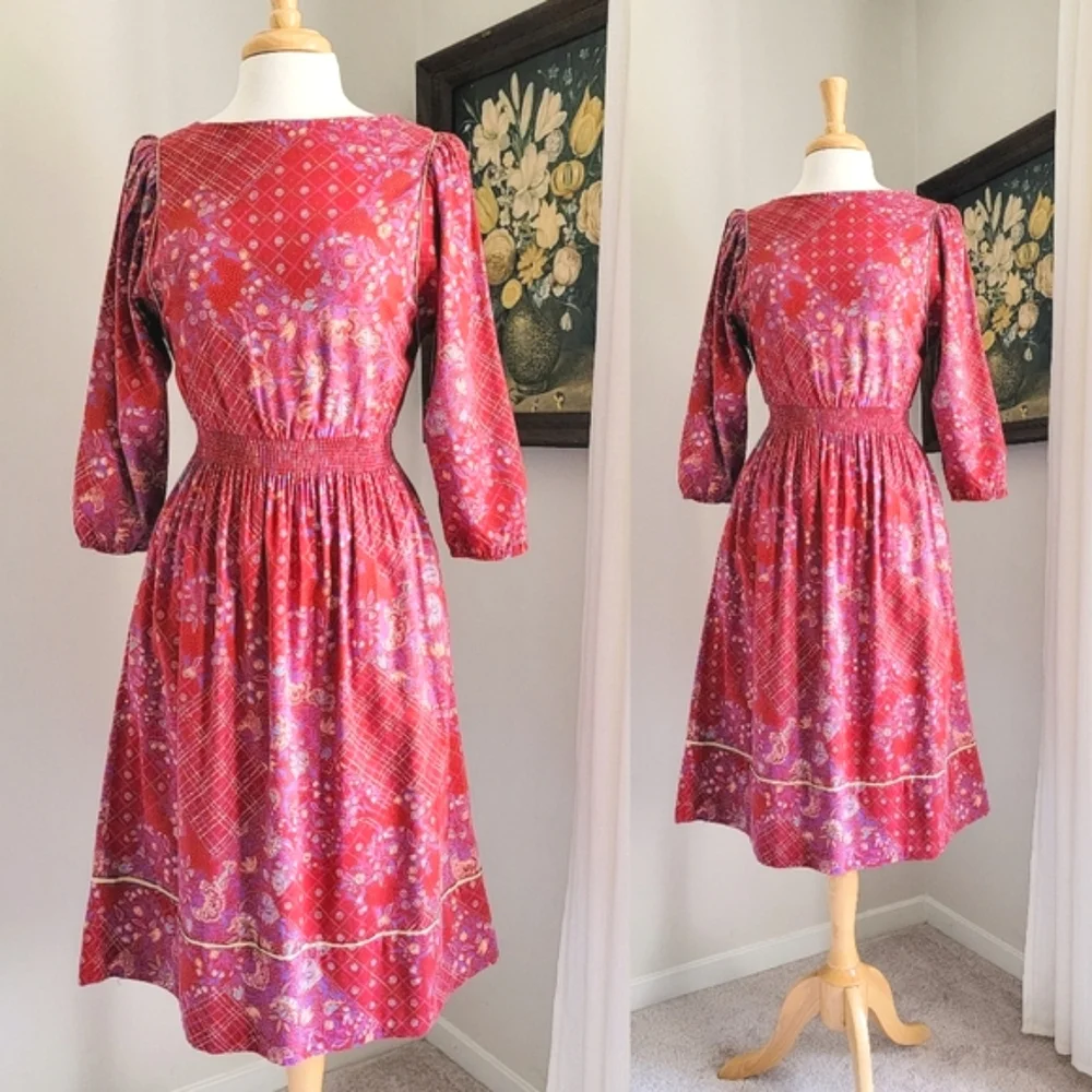 70s Red Floral Cinched Waist 1970s Vintage Midi Dress by ' Belle France ' - Picture 1 of 8